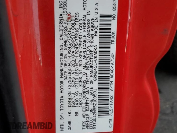 2005 Toyota Tacoma with VIN 5TEUU42N85Z109531, listed as a Copart auction lot 54693745 with 373,213 mi miles and Salvage Title. Bid and sale history available at DreamBid. Image 12.