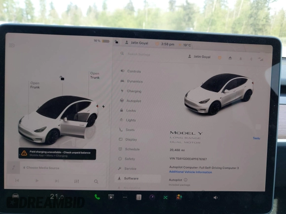 2023 Tesla Model Y Long Range with VIN 7SAYGDEE4PF676167, listed as a IAAI auction lot 42147909 with 20,488 mi miles. Bid and sale history available at carsss.com. Image 7.