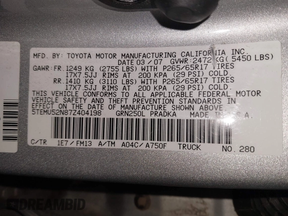 2007 Toyota Tacoma with VIN 5TEMU52N87Z404198, listed as a IAAI auction lot 41421221 with 197,877 mi miles and . Bid and sale history available at DreamBid. Image 9.