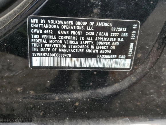 2014 Volkswagen Passat TDI SE w/Sunroof with VIN 1VWBN7A33EC033475, listed as a Copart auction lot 47461305 with 188,885 mi miles and Salvage Title. Bid and sale history available at carsss.com. Image 12.