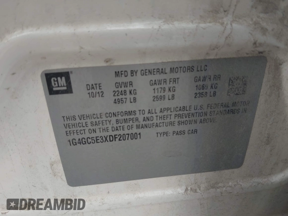 2013 Buick LaCrosse Leather with VIN 1G4GC5E3XDF207001, listed as a IAAI auction lot 42432746 with 249,000 mi miles and . Bid and sale history available at DreamBid. Image 9.