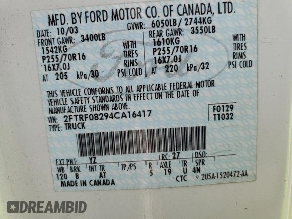 2004 Ford F-150 with VIN 2FTRF08294CA16417, listed as a Copart auction lot 58192935 with 233,414 mi miles and Salvage title. Bid and sale history available at DreamBid. Image 12.