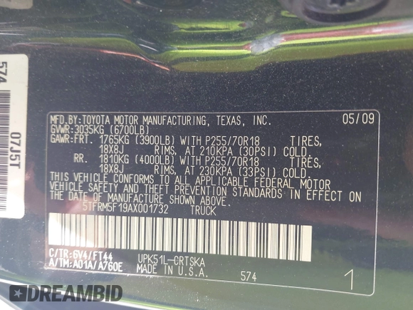 2010 Toyota Tundra z VIN 5TFRM5F19AX001732, wystawiony jako IAAI lot #42397135 z przebiegiem 191 780 mil mil oraz . Historia ofert i sprzedaży dostępna na DreamBid. Obrazek 9.