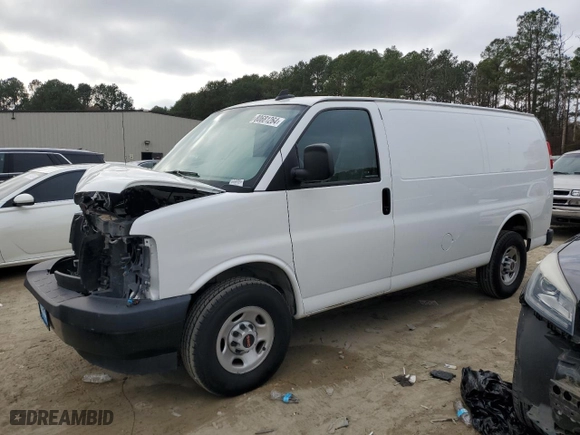 2023 GMC Savana Cargo Van with VIN 1GTW7AFP3P1109993, listed as a Copart auction lot 80681264 with 48,041 mi miles and Salvage Title. Bid and sale history available at carsss.com. Image 1.
