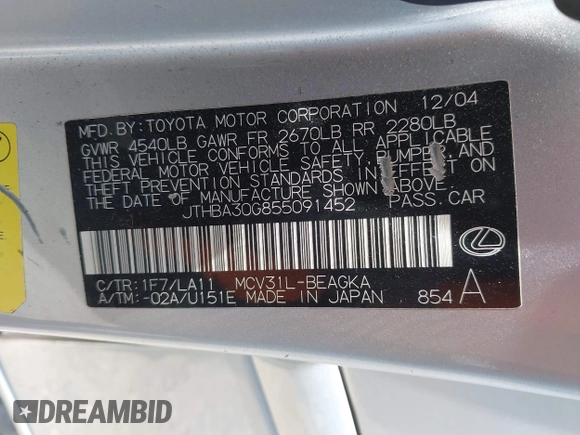 2005 Lexus ES 350 с VIN JTHBA30G855091452, выставлен на аукционе IAAI как лот 42319400 с пробегом 150 035 миль миль и . История ставок и продаж доступна на DreamBid. Изображение 9.