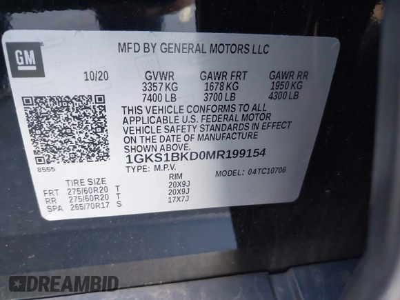 2021 GMC Yukon SLT with VIN 1GKS1BKD0MR199154, listed as a IAAI auction lot 41654239 with 105,357 mi miles. Bid and sale history available at carsss.com. Image 9.