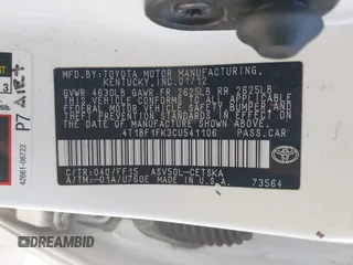 2012 Toyota Camry L with VIN 4T1BF1FK3CU541106, listed as a IAAI auction lot 42232461 with 167,075 mi miles and . Bid and sale history available at carsss.com. Image 9.