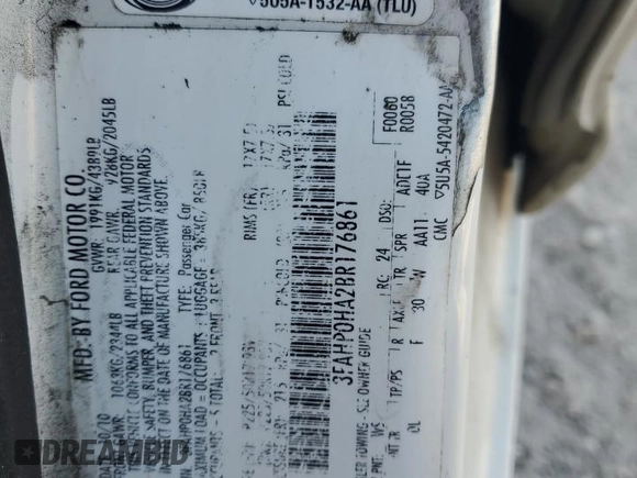 2011 Ford Fusion SE with VIN 3FAHP0HA2BR176861, listed as a Copart auction lot 53375885 with 185,898 mi miles and Salvage Title. Bid and sale history available at carsss.com. Image 15.