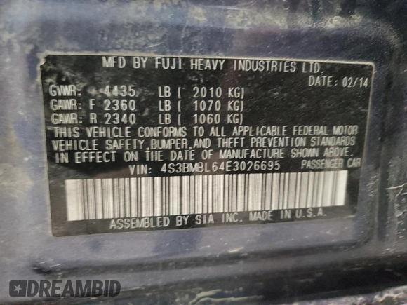 2014 Subaru Legacy Limited z VIN 4S3BMBL64E3026695, wystawiony jako Copart lot #50685625 z przebiegiem 177 537 mil mil oraz Szkoda całkowita • Salvage title. Historia ofert i sprzedaży dostępna na DreamBid. Obrazek 15.