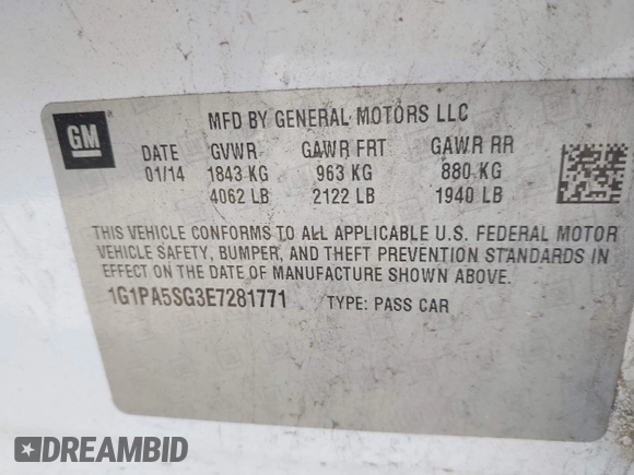 2014 Chevrolet Cruze LS with VIN 1G1PA5SG3E7281771, listed as a IAAI auction lot 42024334 with 189,918 mi miles and . Bid and sale history available at DreamBid. Image 9.