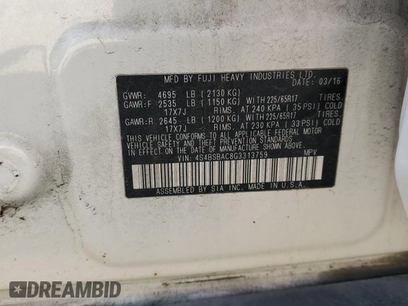 2016 Subaru Outback 2.5i with VIN 4S4BSBAC8G3313759, listed as a Copart auction lot 45385955 with 180,072 mi miles and Salvage title. Bid and sale history available at DreamBid. Image 13.