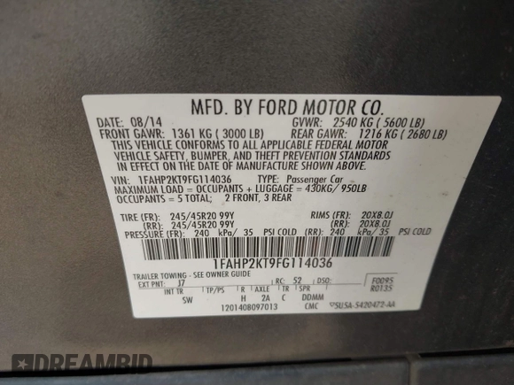 2015 Ford Taurus SHO with VIN 1FAHP2KT9FG114036, listed as a IAAI auction lot 42227276 with 146,285 mi miles and . Bid and sale history available at DreamBid. Image 9.
