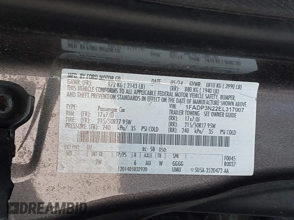 2014 Ford Focus Titanium with VIN 1FADP3N22EL317007, listed as a IAAI auction lot 42641134 with 159,705 mi miles and . Bid and sale history available at DreamBid. Image 9.