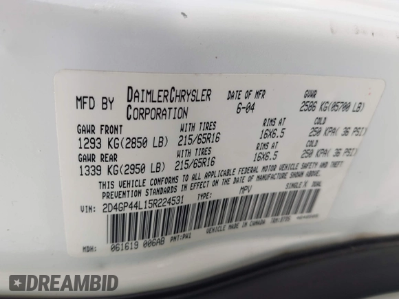 2005 Dodge Caravan SXT with VIN 2D4GP44L15R224531, listed as a IAAI auction lot 41590755 with 141,214 mi miles and . Bid and sale history available at DreamBid. Image 9.