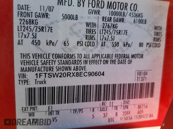 2008 Ford F-250 XL with VIN 1FTSW20RX8EC90604, listed as a Copart auction lot 63069585 with 280,927 mi miles and Clean title. Bid and sale history available at DreamBid. Image 12.