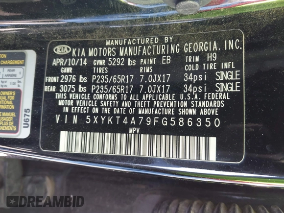 2015 Kia Sorento LX with VIN 5XYKT4A79FG586350, listed as a IAAI auction lot 42024191 with 144,550 mi miles. Bid and sale history available at carsss.com. Image 9.