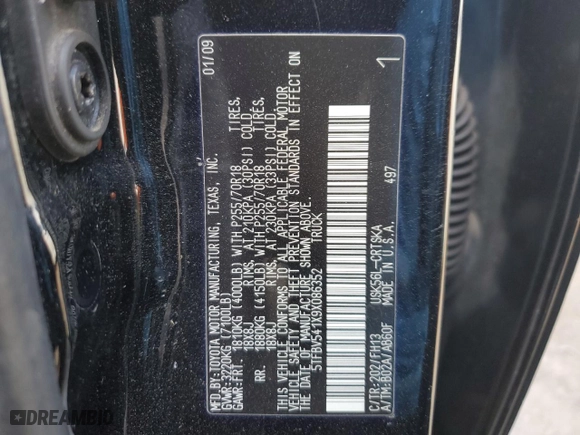 2009 Toyota Tundra 4WD Truck with VIN 5TFBV541X9X086352, listed as a Copart auction lot 87213204 with 112,471 mi miles and Salvage Title. Bid and sale history available at carsss.com. Image 12.
