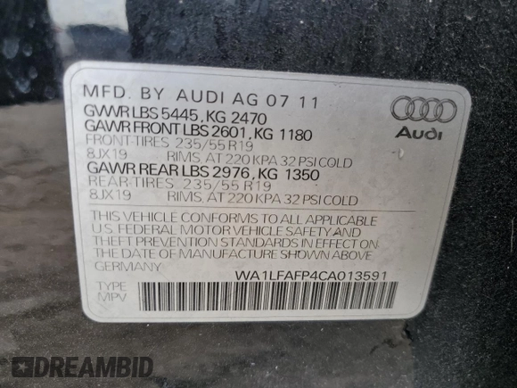 2012 Audi Q5 2.0T Premium Plus with VIN WA1LFAFP4CA013591, listed as a Copart auction lot 54373175 with 177,296 mi miles and Clean Title. Bid and sale history available at carsss.com. Image 13.