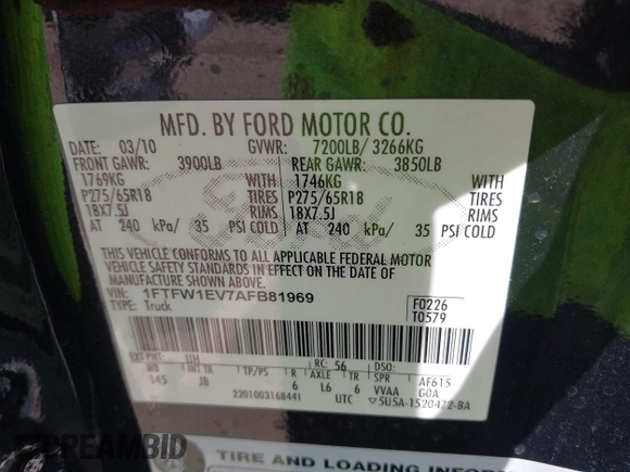 2010 Ford F-150 XL with VIN 1FTFW1EV7AFB81969, listed as a IAAI auction lot 42057354 with 178,991 mi miles. Bid and sale history available at carsss.com. Image 9.