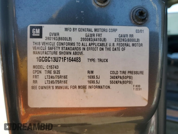 2001 Chevrolet Silverado 1500HD LS z VIN 1GCGC13U71F164483, wystawiony jako Copart lot #42767465 z przebiegiem Nie podano mil oraz Szkoda całkowita • Salvage title. Historia ofert i sprzedaży dostępna na DreamBid. Obrazek 12.