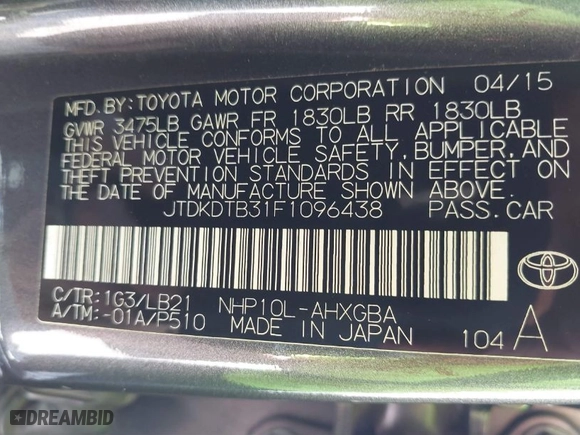 2015 Toyota Prius c One with VIN JTDKDTB31F1096438, listed as a IAAI auction lot 41859685 with 208,302 mi miles. Bid and sale history available at carsss.com. Image 9.