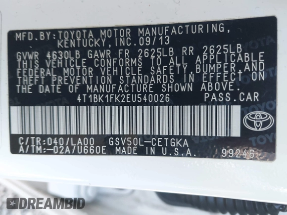 2014 Toyota Camry SE with VIN 4T1BK1FK2EU540026, listed as a IAAI auction lot 41678692 with 85,275 mi miles. Bid and sale history available at carsss.com. Image 9.