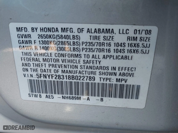 2008 Honda Pilot SE with VIN 5FNYF28318B022789, listed as a IAAI auction lot 41883657 with 129,059 mi miles. Bid and sale history available at carsss.com. Image 9.
