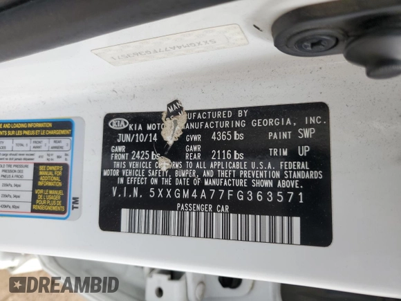 2015 Kia Optima LX with VIN 5XXGM4A77FG363571, listed as a Copart auction lot 57318565 with 113,324 mi miles and Salvage title. Bid and sale history available at DreamBid. Image 12.