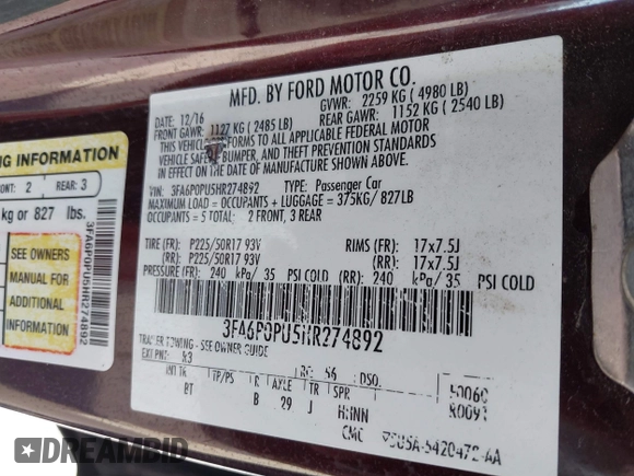 2017 Ford Fusion Energi SE with VIN 3FA6P0PU5HR274892, listed as a IAAI auction lot 41823526 with 188,746 mi miles. Bid and sale history available at carsss.com. Image 9.