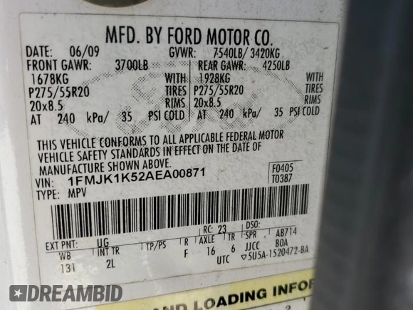 2010 Ford Expedition Max Limited with VIN 1FMJK1K52AEA00871, listed as a Copart auction lot 84241024 with 303,467 mi miles and Salvage Title. Bid and sale history available at DreamBid. Image 13.