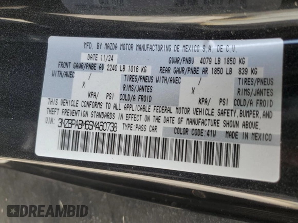 2025 Mazda 3 S Select Sport with VIN 3MZBPABM6SM460738, listed as a Copart auction lot 50954175 with 5,431 mi miles and Clean Title. Bid and sale history available at DreamBid. Image 12.