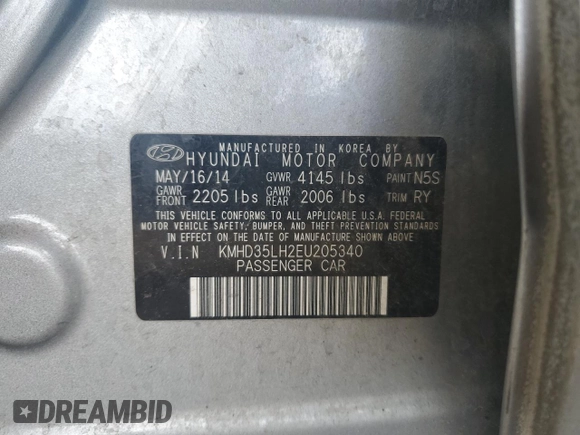 2014 Hyundai Elantra with VIN KMHD35LH2EU205340, listed as a Copart auction lot 56712775 with 143,960 mi miles and Salvage title. Bid and sale history available at DreamBid. Image 12.
