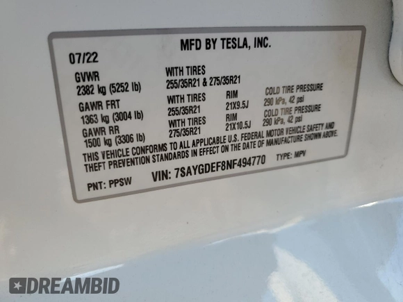 2022 Tesla Model Y Performance with VIN 7SAYGDEF8NF494770, listed as a Copart auction lot 42031405 with 28,724 mi miles and Salvage Title. Bid and sale history available at DreamBid. Image 12.