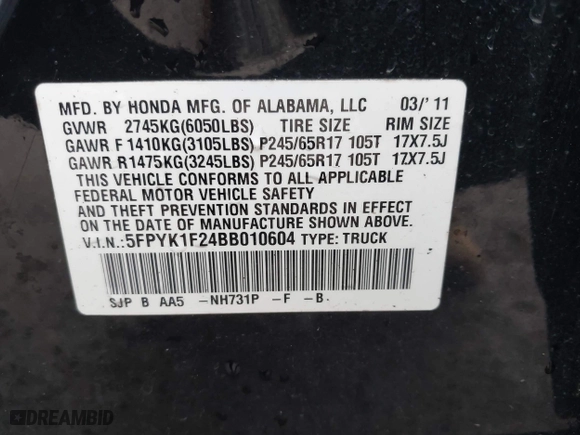 2011 Honda Ridgeline RT with VIN 5FPYK1F24BB010604, listed as a IAAI auction lot 41941553 with 37,814 mi miles. Bid and sale history available at carsss.com. Image 9.