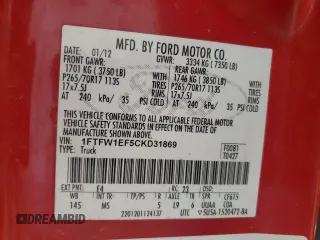 2012 Ford F-150 XL with VIN 1FTFW1EF5CKD31869, listed as a Copart auction lot 44601225 with 300,537 mi miles and Clean title. Bid and sale history available at DreamBid. Image 12.