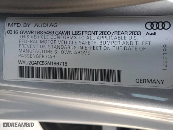 2016 Audi A7 3.0 Prestige with VIN WAU2GAFC5GN166715, listed as a Copart auction lot 49501465 with 88,248 mi miles and Salvage Title. Bid and sale history available at carsss.com. Image 12.