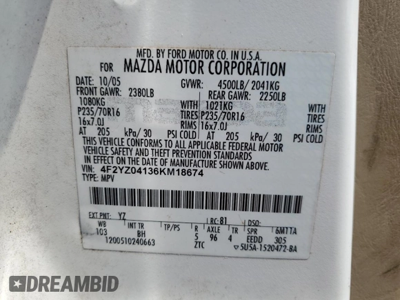 2006 Mazda Tribute S with VIN 4F2YZ04136KM18674, listed as a Copart auction lot 65126554 with 186,941 mi miles and Clean Title. Bid and sale history available at DreamBid. Image 13.