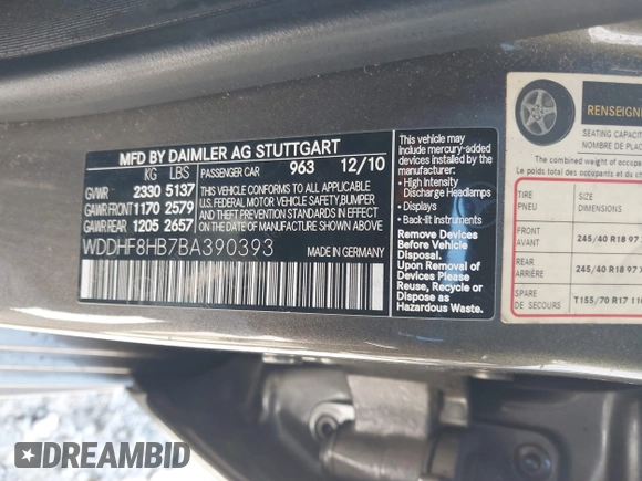 2011 Mercedes-Benz E-Class E 350 Luxury with VIN WDDHF8HB7BA390393, listed as a IAAI auction lot 41398879 with 155,161 mi miles. Bid and sale history available at carsss.com. Image 9.
