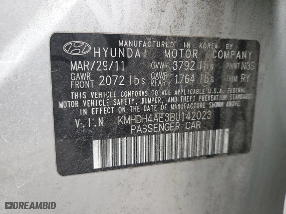 2011 Hyundai Elantra Ltd with VIN KMHDH4AE3BU142023, listed as a Copart auction lot 48465955 with 120,069 mi miles and Salvage Title. Bid and sale history available at carsss.com. Image 12.