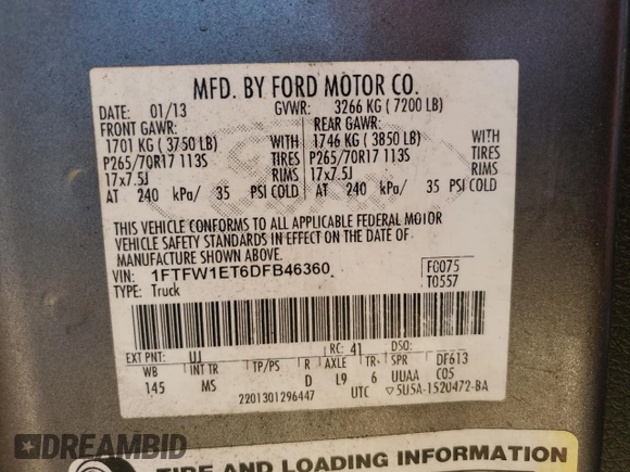 2013 Ford F-150 XL with VIN 1FTFW1ET6DFB46360, listed as a Copart auction lot 55468225 with 288,206 mi miles and Clean Title. Bid and sale history available at carsss.com. Image 12.