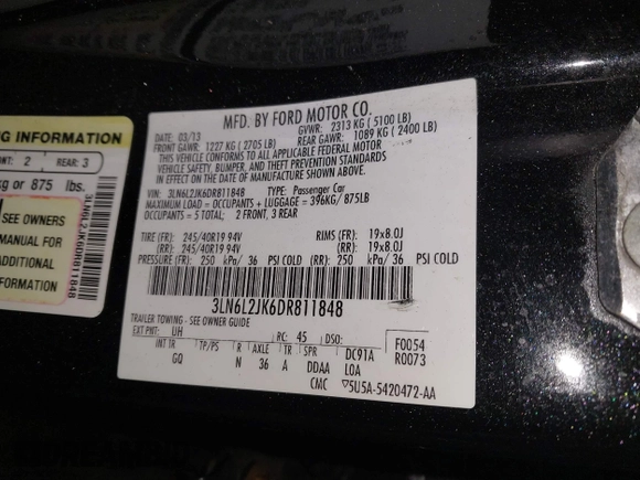 2013 Lincoln MKZ with VIN 3LN6L2JK6DR811848, listed as a IAAI auction lot 42246185 with Not provided miles and . Bid and sale history available at DreamBid. Image 9.
