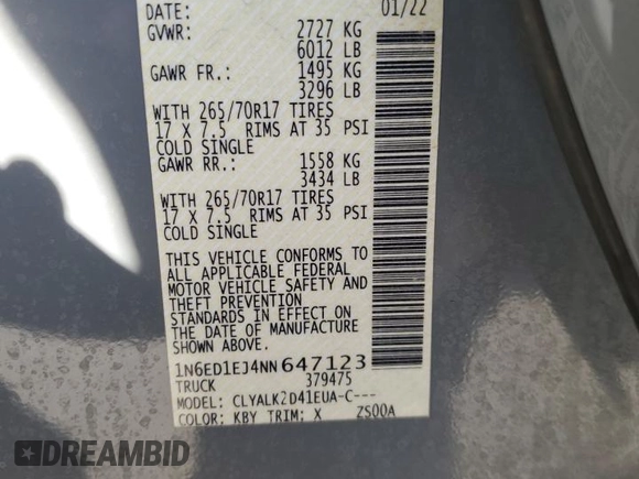 2022 Nissan Frontier Pro-X with VIN 1N6ED1EJ4NN647123, listed as a Copart auction lot 86296104 with 80,822 mi miles and Salvage title. Bid and sale history available at DreamBid. Image 15.
