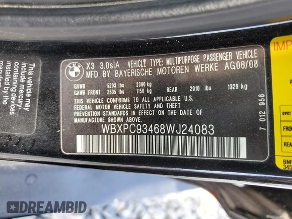2008 BMW X3 3.0si with VIN WBXPC93468WJ24083, listed as a Copart auction lot 53371395 with 133,518 mi miles and Clean Title. Bid and sale history available at carsss.com. Image 13.