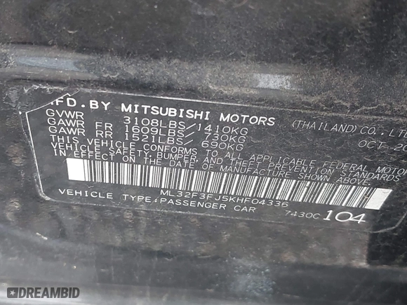 2019 Mitsubishi Mirage G4 ES with VIN ML32F3FJ5KHF04336, listed as a IAAI auction lot 42010667 with 74,910 mi miles. Bid and sale history available at carsss.com. Image 9.