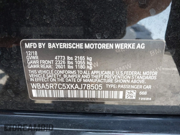 2019 BMW 3 Series 330i xDrive with VIN WBA5R7C5XKAJ78505, listed as a IAAI auction lot 41955059 with 53,216 mi miles. Bid and sale history available at carsss.com. Image 9.