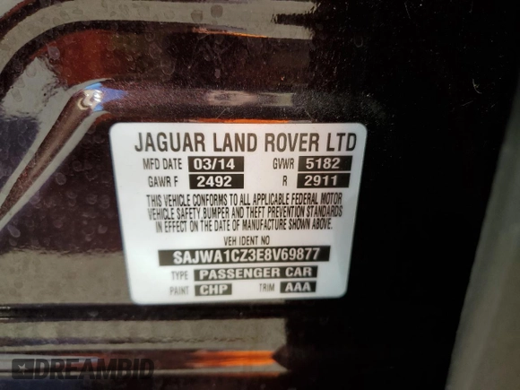 2014 Jaguar XJ with VIN SAJWA1CZ3E8V69877, listed as a Copart auction lot 48159005 with 57,567 mi miles and Clean Title. Bid and sale history available at DreamBid. Image 12.
