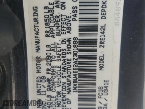 2010 Toyota Corolla with VIN 1NXBU4EE2AZ301898, listed as a Copart auction lot 52920765 with 240,939 mi miles and Clean Title. Bid and sale history available at carsss.com. Image 12.