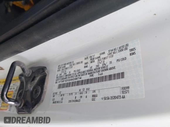 2017 Ford F-150 XL with VIN 1FTMF1EP2HKD58714, listed as a IAAI auction lot 42348983 with 80,468 mi miles and . Bid and sale history available at DreamBid. Image 9.
