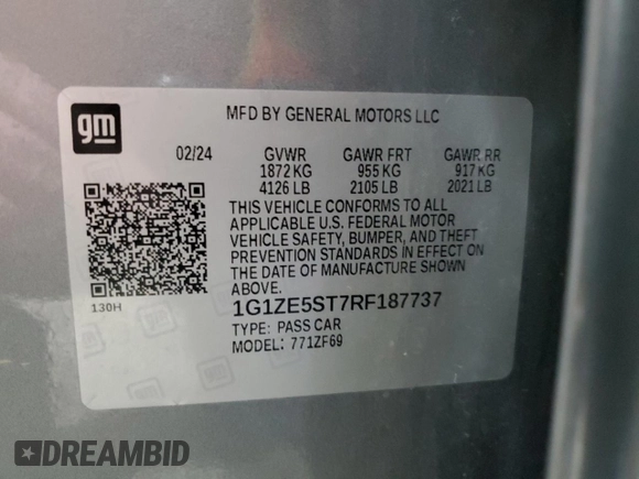 2024 Chevrolet Malibu LT with VIN 1G1ZE5ST7RF187737, listed as a Copart auction lot 53721345 with 32,565 mi miles and Non Repairable. Bid and sale history available at DreamBid. Image 12.