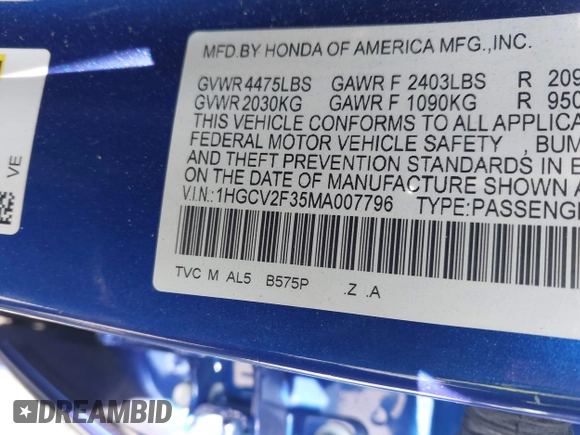 2021 Honda Accord Sport with VIN 1HGCV2F35MA007796, listed as a IAAI auction lot 42626967 with 44,168 mi miles and . Bid and sale history available at DreamBid. Image 9.
